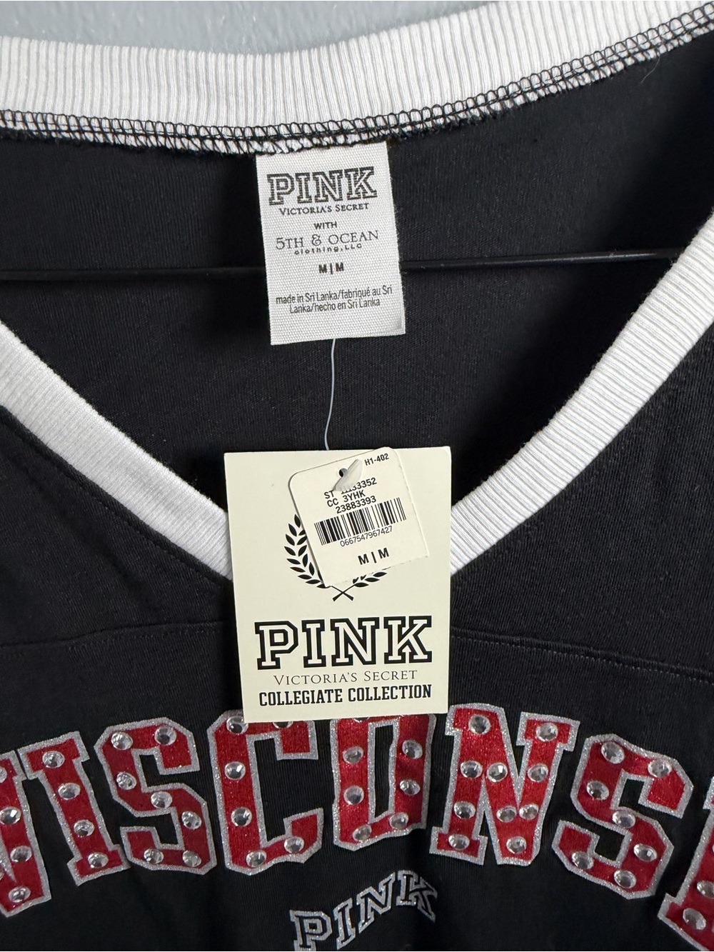 PINK Victoria's Secret Black V-Neck Wisconsin Graphic Tee with White Trim - Picture 4 of 7